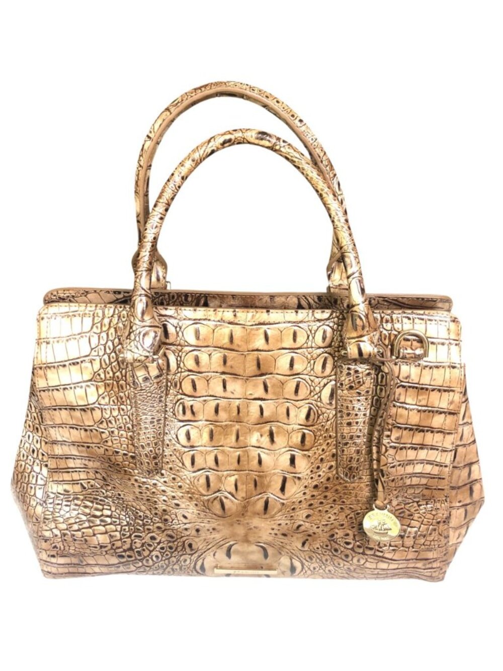BRAHMIN Glossy Croc-Embossed Leather Gold Tone Charm Satchel Handbag NEW